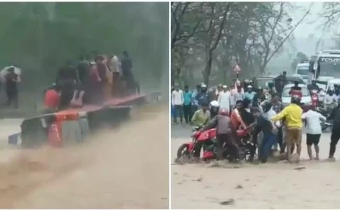 मूसलाधार बारिश के चलते रामनगर यात्रियों से भरी बस बरसाती नाले में बही बामुश्किल बस में सवार यात्रियों को सकुशल बाहर निकाला